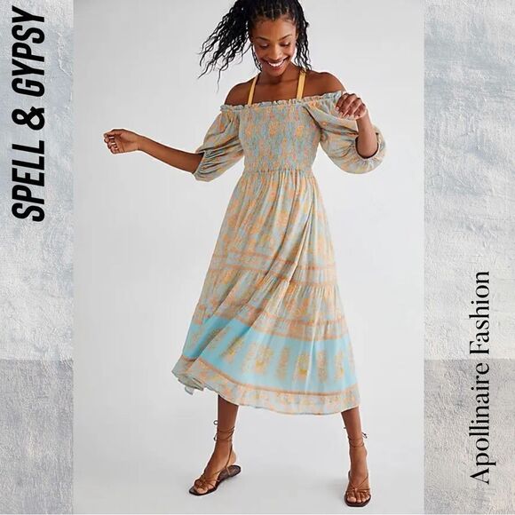 SPELL & GYPSY JUNIPER SHIRRED DRESS IN EGGSHELL BLUE NWT SMALL - Picture 1 of 10